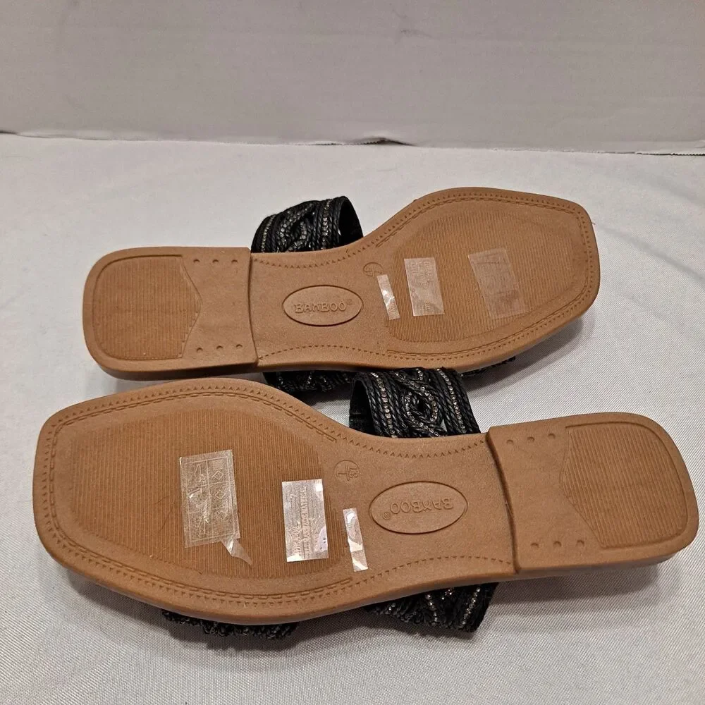 Bamboo Women's Braided Rhinestone Sandals Size 7 Black 2-Straps Slides